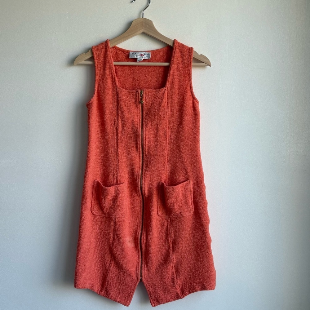 St. John Coral Orange Textured Knit Sleeveless Zip Front Dress With Pockets Sz 4
